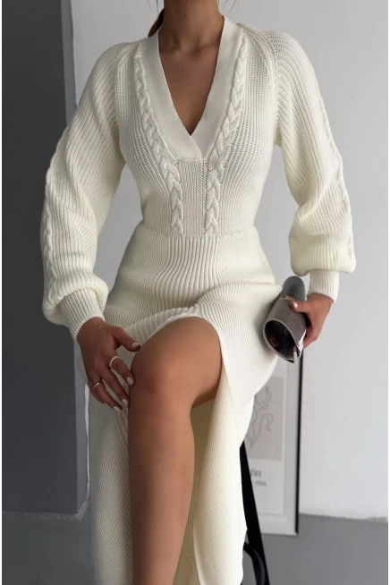 Saç Örgü Model V Yaka Yırtmaçlı Triko Elbise