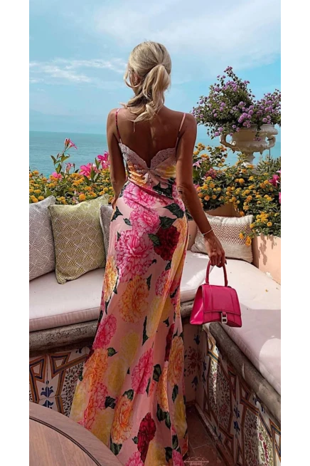 Saten Kumaş Çiçekli Dantel Detaylı Maxi Boy Elbise