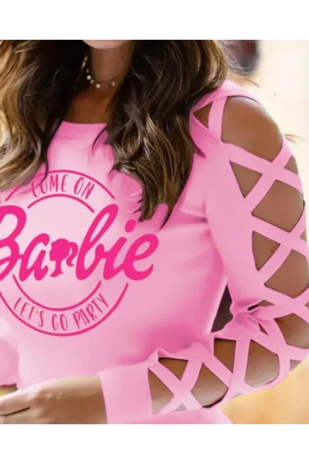 Scuba Dalgıc Kumaş Barbie Baskı Detaylı Bluz