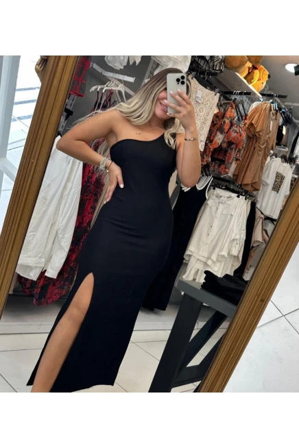 Stefanie  Omuz Dekolteli Yırtmaçlı Elbise Ottoman Kumaş