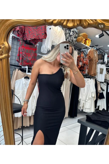 Stefanie  Omuz Dekolteli Yırtmaçlı Elbise Ottoman Kumaş