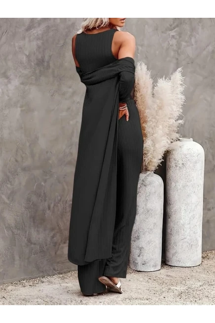Uzun Kollu Bürümcük Kumaş Hırka Crop ve Pantolon Takım