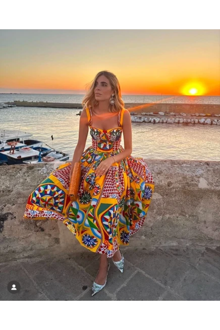 D&G Desenli Elbise İthal Krep Kumaş Elbise