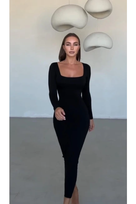 Kare Yaka Dalgıç Kumaş Elbise