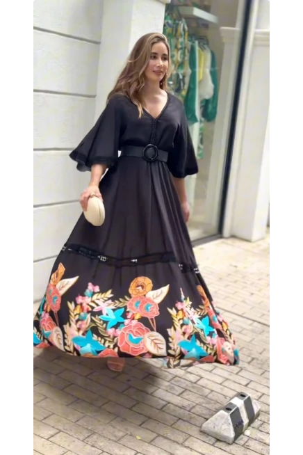 Micro Kumaş Çiçek Desenli Maxi Boy Elbise