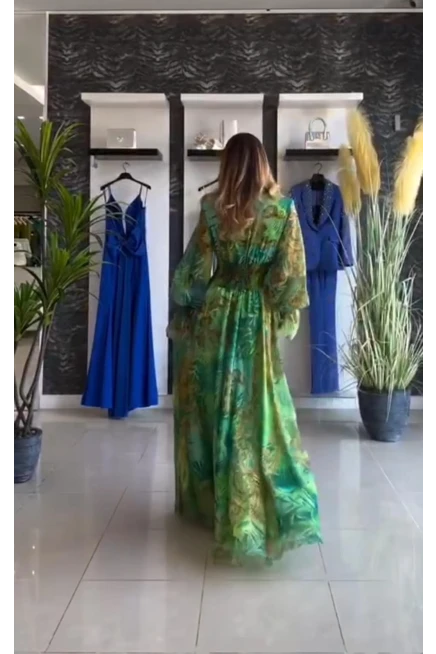 Şifon Kumaş Vrsc Desen Maxi Boy Gipeli Düğmeli Elbise