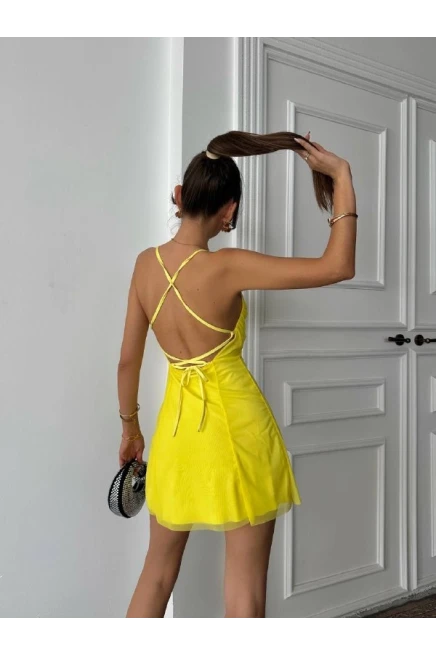 Astarlı Tül Mini Elbise Sarı