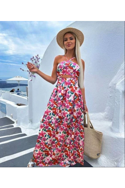 Boyun Bağcıklı Desenli İthal Krep Elbise