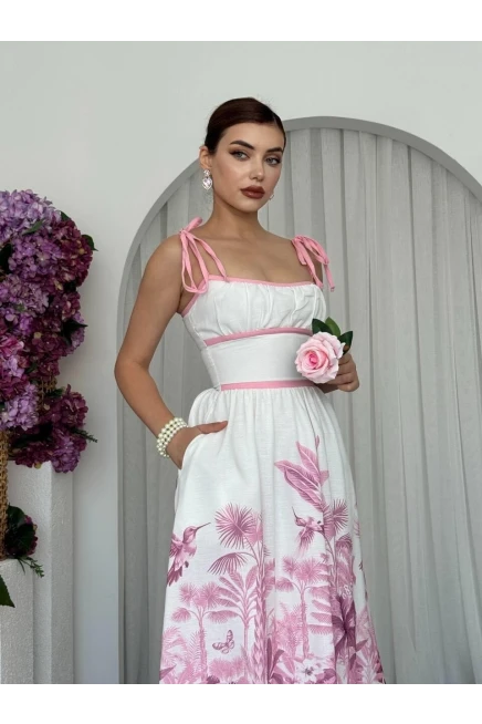 Cep Detaylı Pembe Desenli Keten Elbise