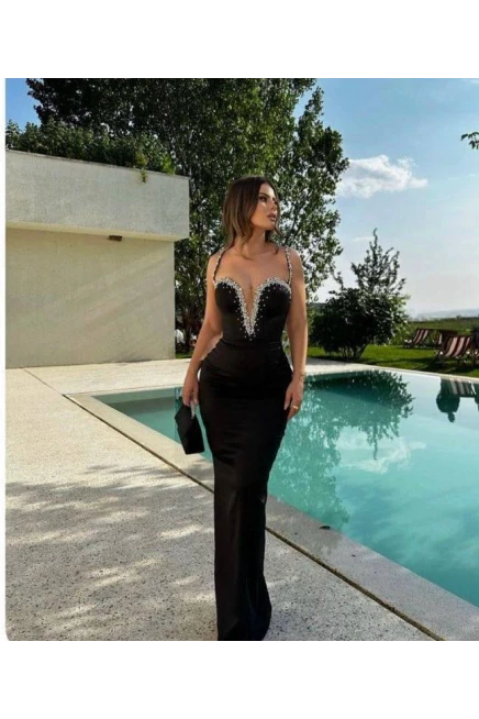 Dalgıç Kumaş Taş Aksesuarlı Tül Detay Elbise