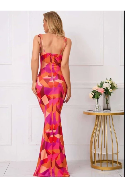 Dijital Baskı Likralı Drape Detay Maxi Elbise