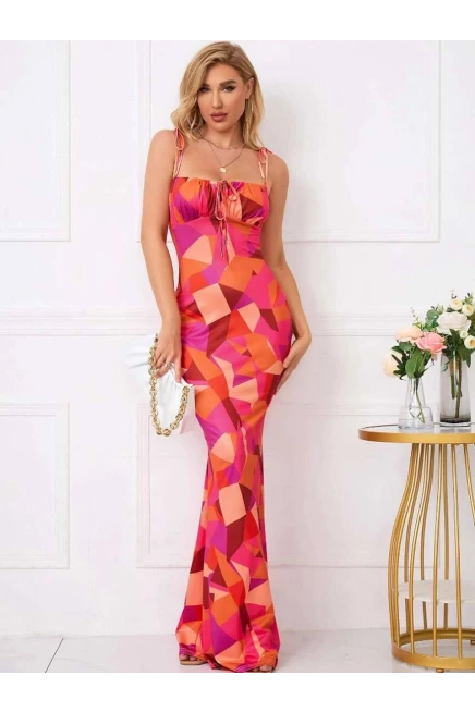 Dijital Baskı Likralı Drape Detay Maxi Elbise