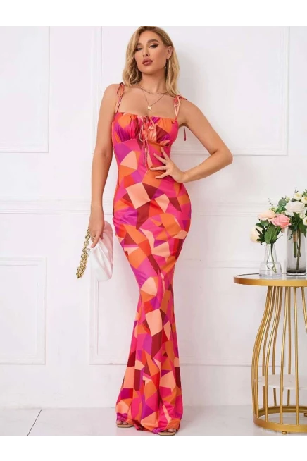 Dijital Baskı Likralı Drape Detay Maxi Elbise