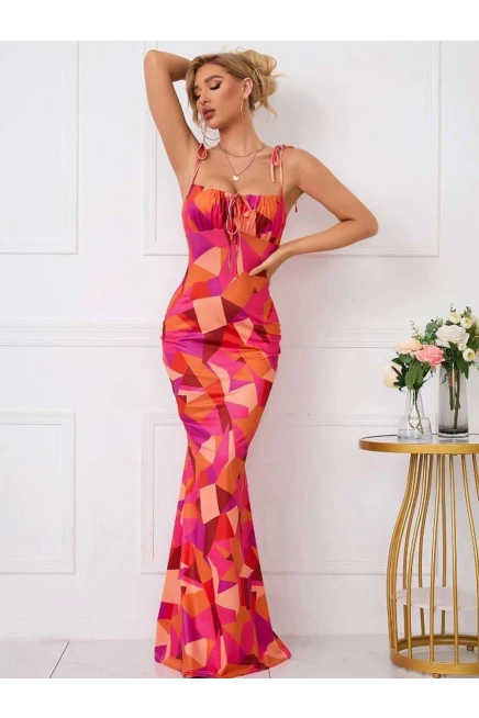 Dijital Baskı Likralı Drape Detay Maxi Elbise