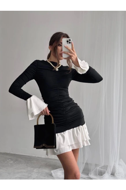 Fırfır Detaylı Drapeli Mini Elbise Siyah