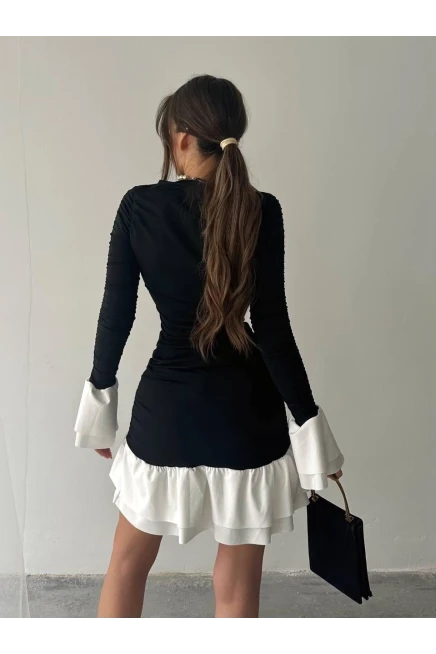 Fırfır Detaylı Drapeli Mini Elbise Siyah