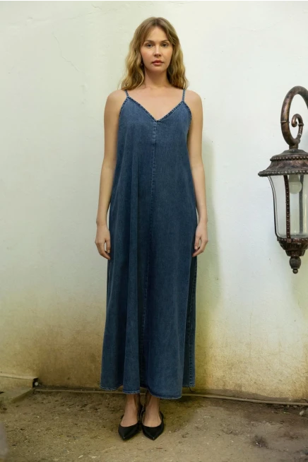 İp Askılı Denim Elbise