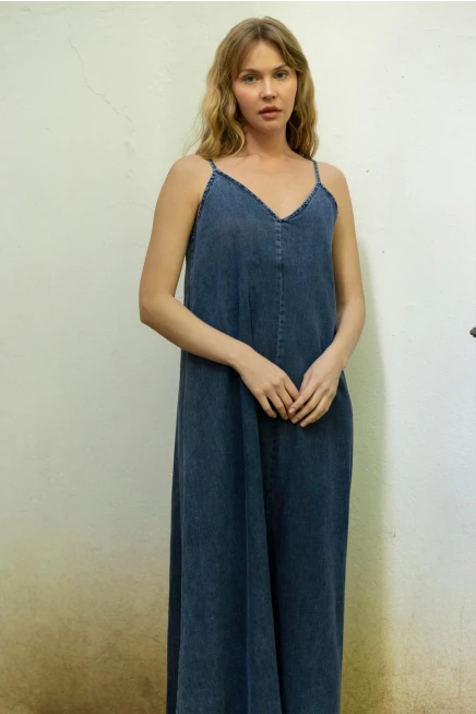 İp Askılı Denim Elbise