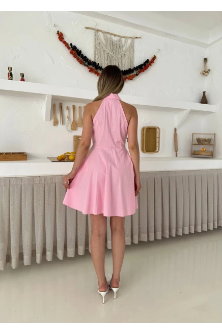 Önden Düğmeli Tasarım Elbise Pembe