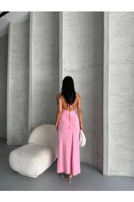 Yaka ve Sırt Detay Elbise Pembe