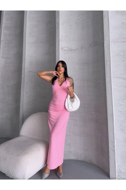 Yaka ve Sırt Detay Elbise Pembe