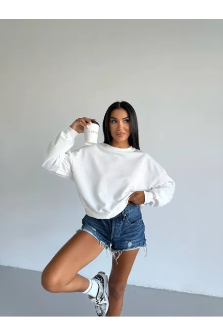 İki İplik Bisiklet Yaka Beyaz Sweatshirt