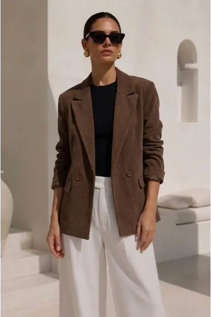 Fitilli Kadife Blazer Ceket Kahve