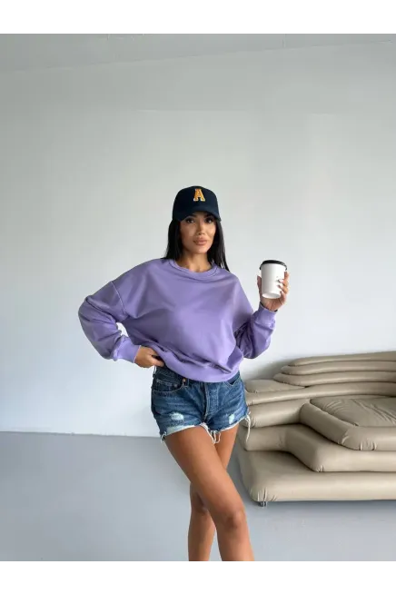 İki İplik Bisiklet Yaka Mor Sweatshirt