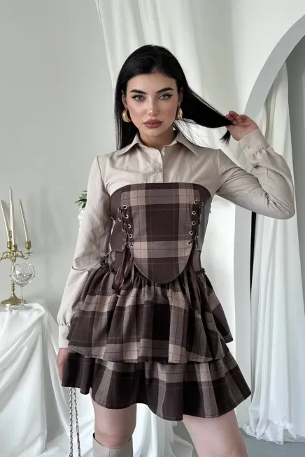 Korse Detaylı Ekose Mini Elbise
