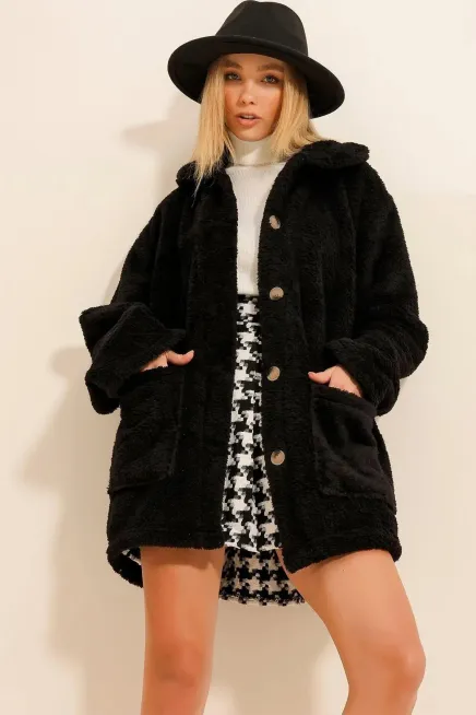 Önü Düğmeli Oversize Peluş Ceket-rq88-syh