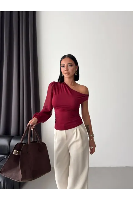 Şifon Kol Detay Sandy Kumaş Bluz Bordo