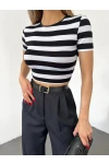 Çizgili Viskon Likralı Kumaş Sırt Dekolteli Kemer Detaylı  Croptop