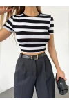 Çizgili Viskon Likralı Kumaş Sırt Dekolteli Kemer Detaylı  Croptop