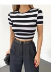 Çizgili Viskon Likralı Kumaş Sırt Dekolteli Kemer Detaylı  Croptop
