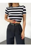 Çizgili Viskon Likralı Kumaş Sırt Dekolteli Kemer Detaylı  Croptop