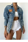 Deri Zincir ve Kol Manşet Deri Detay Denim Kot Ceket