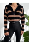 Fermuarlı Çizgi Desen Triko