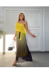 Madonna Yaka Renk Geçişli Piliseli Maxi Şifon Elbise