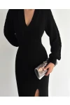 Saç Örgü Model V Yaka Yırtmaçlı Triko Elbise