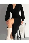 Saç Örgü Model V Yaka Yırtmaçlı Triko Elbise