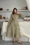Çağla Çizgi Desenli Uzun Elbise
