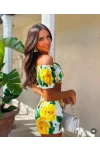 Desenli Crop ve Şort İthal Krep Kumaş Takım