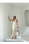 Desenli Triko Elbise Krem
