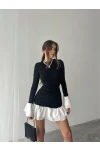 Fırfır Detaylı Drapeli Mini Elbise Siyah