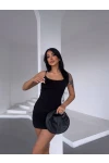İnce Askılı Sandy Büzgülü Elbise Siyah