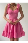 İp Askılı Bağlamalı Atlas Elbise Pembe
