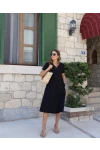 Kısa Kollu V Yaka Cepli A Kesim Detaylı Viskon Elbise