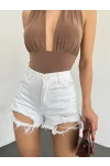 Lazer Yırtıklı Mini Denim Şort Beyaz