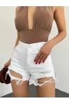 Lazer Yırtıklı Mini Denim Şort Beyaz
