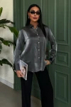 Pırıltılı Kumaş Premium Saten Gömlek Gri